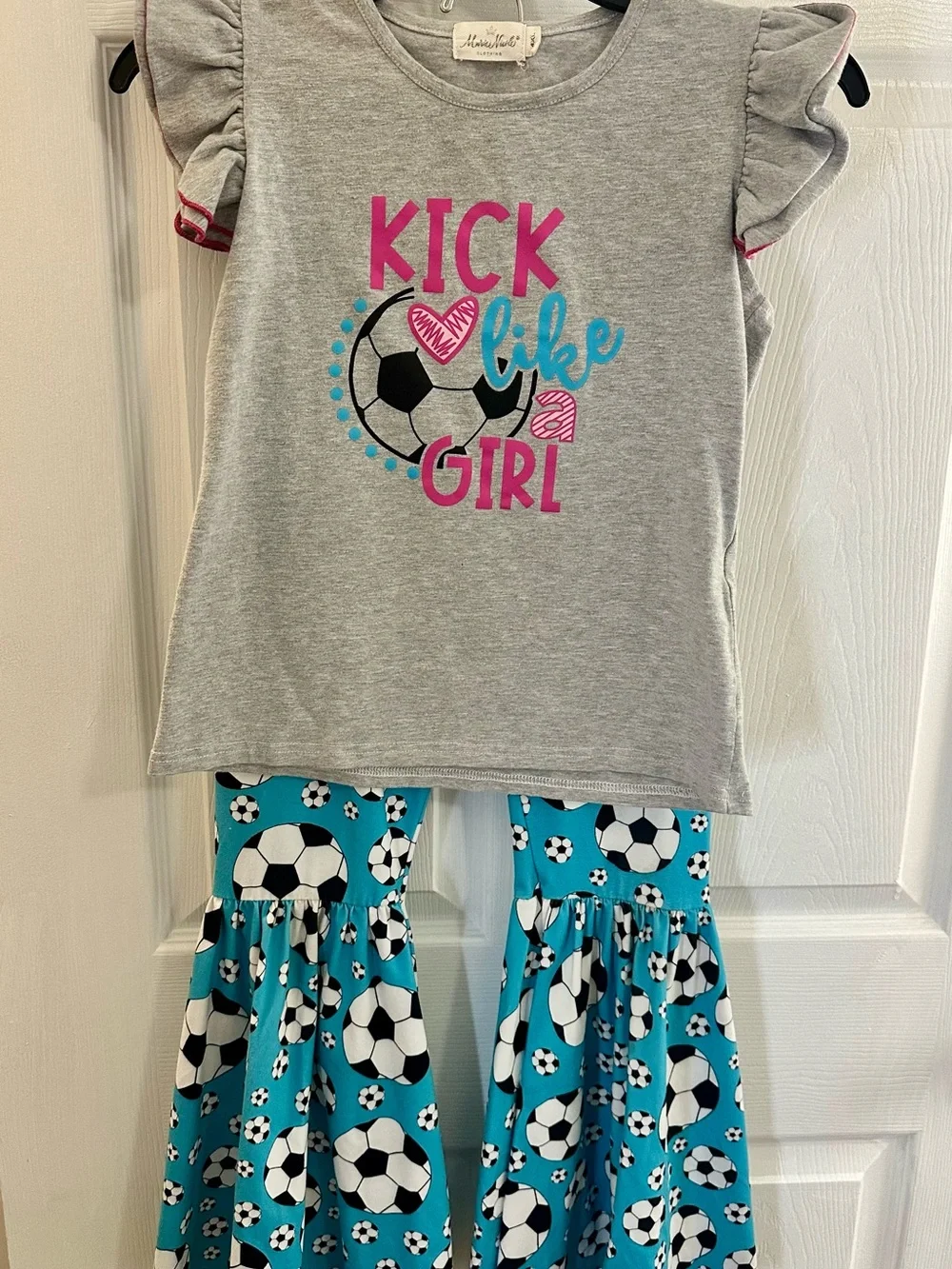 Soccer Girl Bellbottom Set - Gray & Turquoise